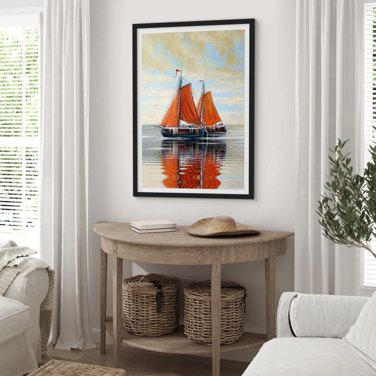 Affiche dans un cadre noir - Poster - Voiliers sur eau calme avec voiles rouges - 50x70cm - He, navigue, marin - Décoration murale moderne pour le salon et la chambre ARTTOR
