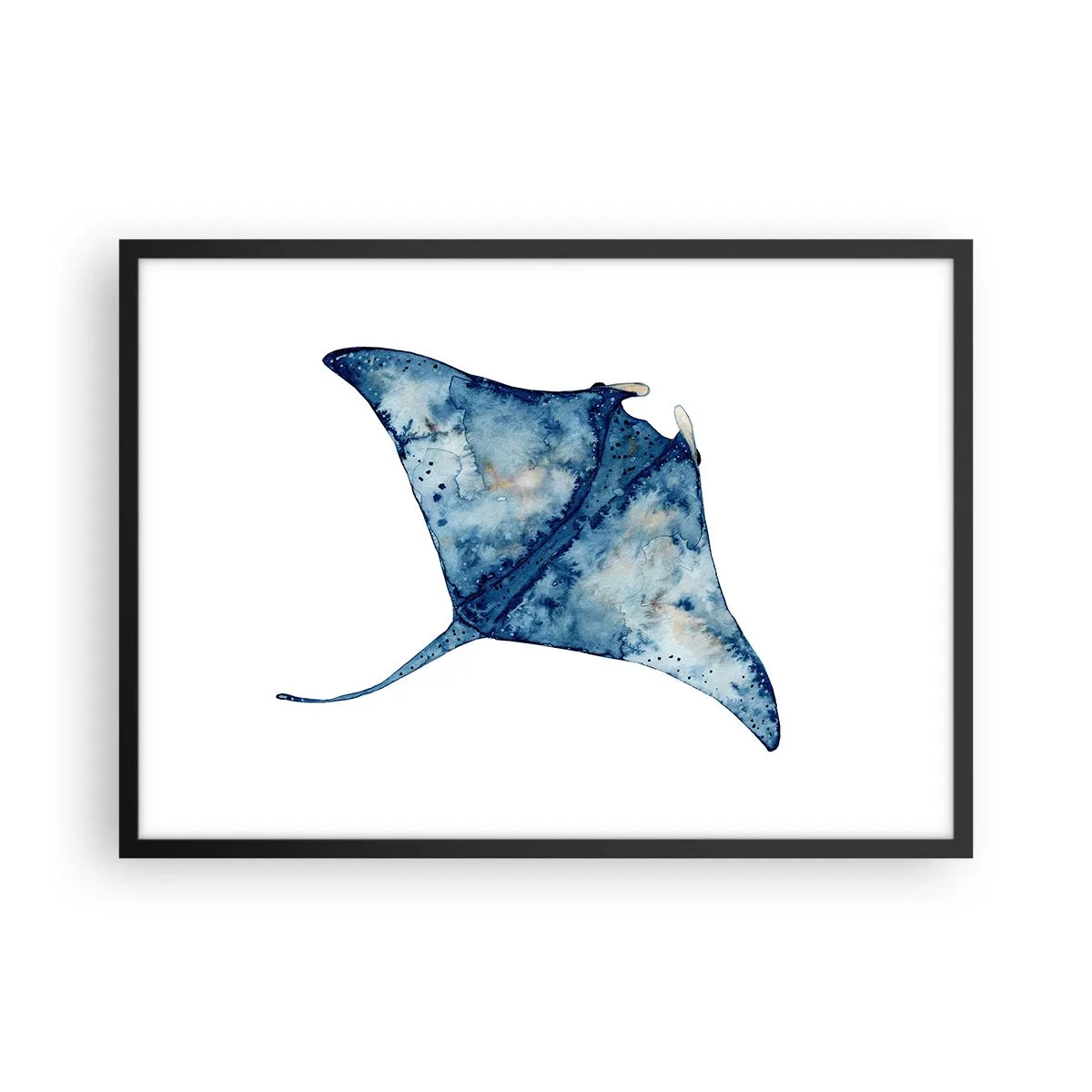 Affiche dans un cadre noir - Poster - Raie bleue à l'aquarelle sur fond blanc - 70x50cm - La vie en bleu - Décoration murale moderne pour le salon et la chambre ARTTOR