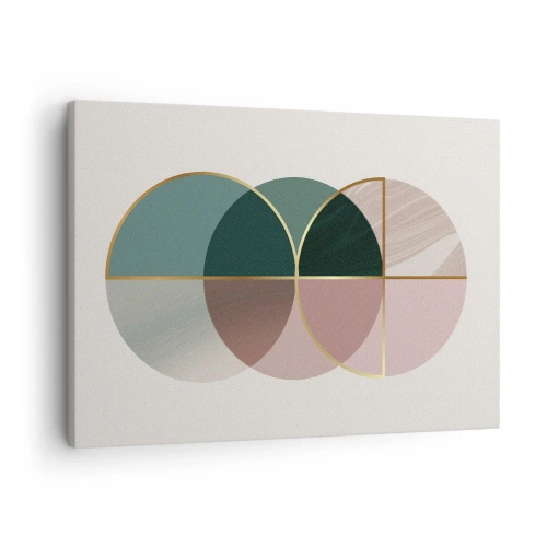 Impression sur toile - Image sur toile - Une composition abstraite de formes géométriques et de lignes dorées. - 70x50cm - Cercles après cercles - Décoration murale moderne pour le salon et la chambre ARTTOR