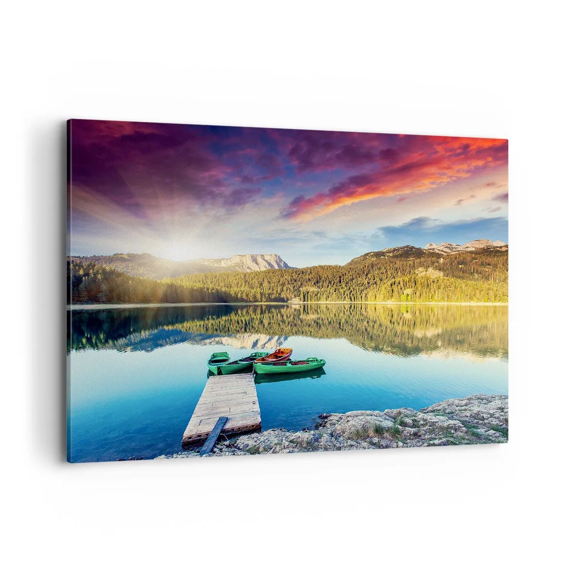 Impression sur toile - Image sur toile - Coucher de soleil sur le lac avec des bateaux à l'embarcadère - 120x80cm - Aussi lisse qu'un miroir au-dessus de l'eau - Décoration murale moderne pour le salon et la chambre ARTTOR