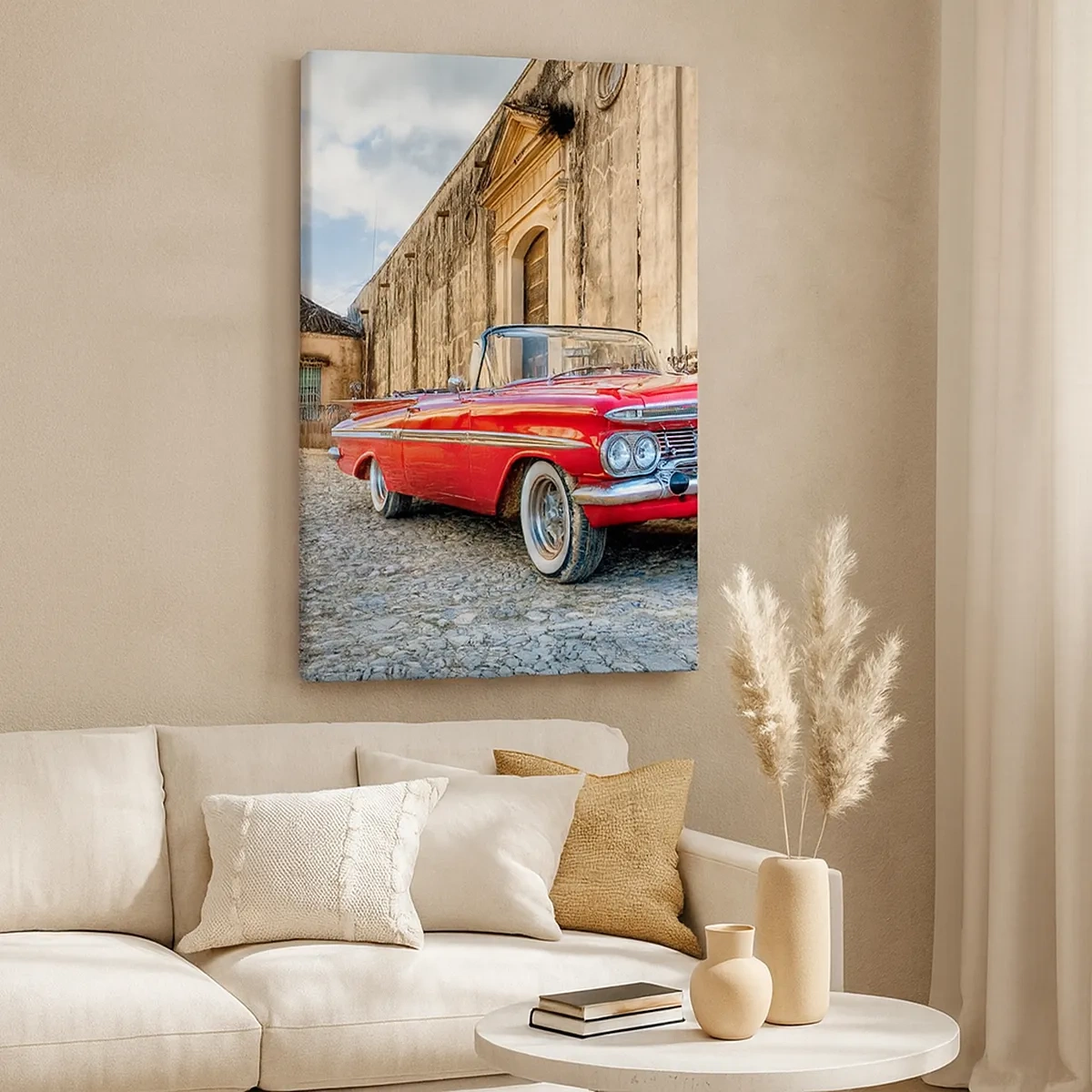Impression sur toile - Image sur toile - Voiture classique rouge dans une rue pavée - 50x70cm - Émotions cubaines - Décoration murale moderne pour le salon et la chambre ARTTOR