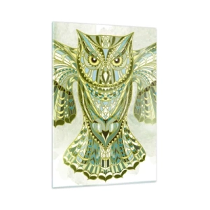 Impression sur verre - Image sur verre - Chouette bleue aux ailes déployées de style géométrique - 50x70cm - D'un bosquet sacré celtique - Décoration murale moderne pour le salon et la chambre ARTTOR