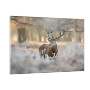 Impression sur verre - Image sur verre - Un cerf dans une clairière gelée entourée d'une forêt hivernale - 120x80cm - Une matinée animée - Décoration murale moderne pour le salon et la chambre ARTTOR