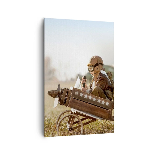 Impression sur toile - Image sur toile - Un enfant dans un avion jouet avec un champ en arrière-plan - 80x120cm - Départ vers un rêve - Décoration murale moderne pour le salon et la chambre ARTTOR