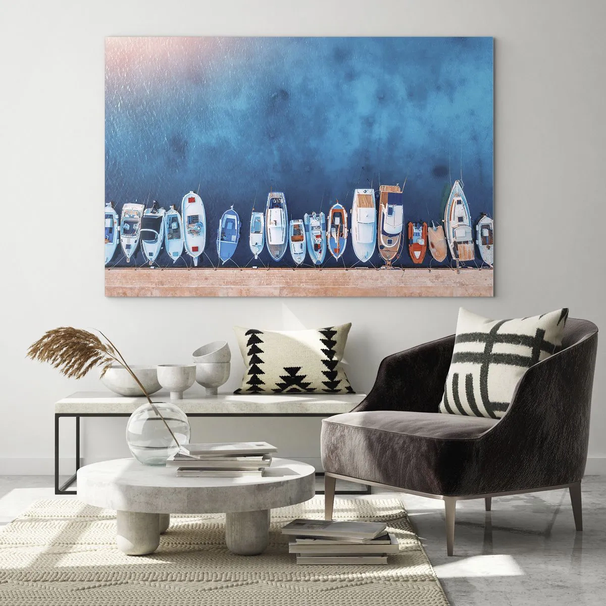 Impression sur verre - Image sur verre - Bateaux amarrés au rivage vus à vol d'oiseau - 120x80cm - En une seule fois - Décoration murale moderne pour le salon et la chambre ARTTOR