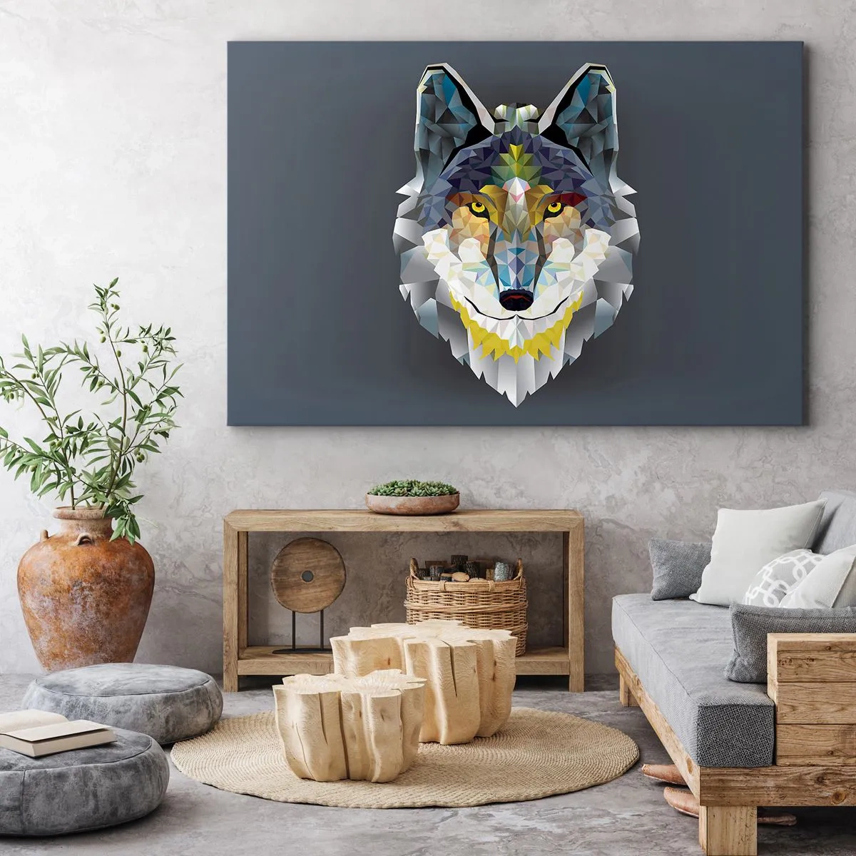 Impression sur toile - Image sur toile - Image géométrique d'un loup sur fond gris - 100x70cm - On parle du loup - Décoration murale moderne pour le salon et la chambre ARTTOR