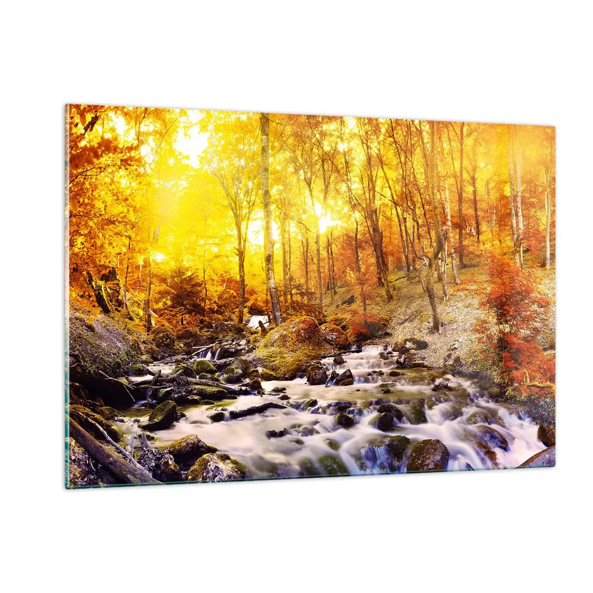 Impression sur verre - Image sur verre - Forêt d'automne avec une rivière dans les rayons de lumière chaude - 120x80cm - Pierres serties d'or et de platine - Décoration murale moderne pour le salon et la chambre ARTTOR