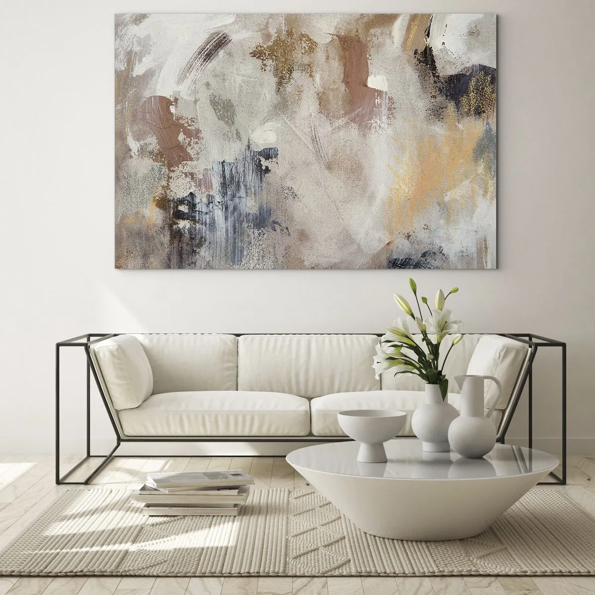 Impression sur verre - Image sur verre - Composition abstraite beige et marron dans un style brumeux - 120x80cm - Abstraction brumeuse - Décoration murale moderne pour le salon et la chambre ARTTOR