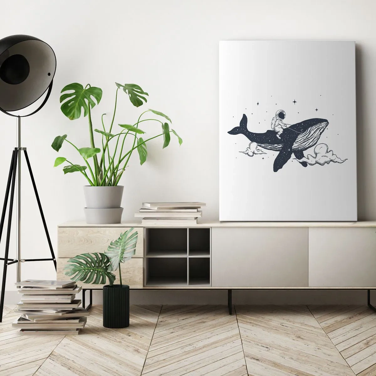 Impression sur toile - Image sur toile - Astronaute sur une baleine flottant dans l'espace - 50x70cm - Aventure spatiale - Décoration murale moderne pour le salon et la chambre ARTTOR