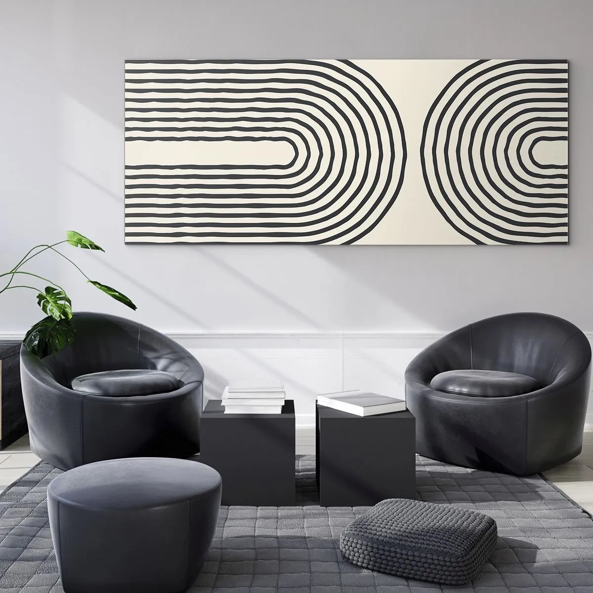 Impression sur verre - Image sur verre - Motif géométrique abstrait avec des lignes symétriques sur un fond clair - 140x50cm - Dans un instant... - Décoration murale moderne pour le salon et la chambre ARTTOR