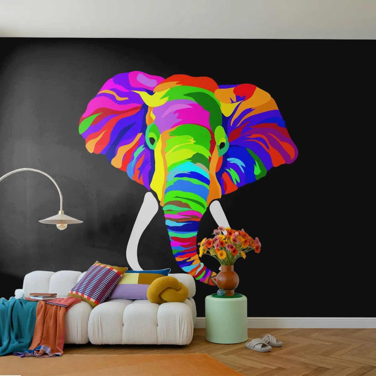 Papier Peint Photo Premium Canvas - Une image colorée d'un éléphant sur fond noir - 100x70cm - L'éléphant qui aimait se baigner dans un arc-en-ciel - Décoration murale moderne pour le salon et la chambre ARTTOR