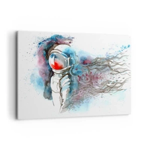 Impression sur toile - Image sur toile - Un cosmonaute dans une aquarelle dynamique avec des détails cosmiques - 120x80cm - Seul avec l'espace - Décoration murale moderne pour le salon et la chambre ARTTOR
