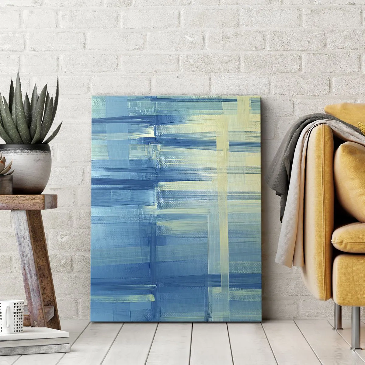 Impression sur toile - Image sur toile - Une peinture abstraite dans des tons turquoise et bleu avec des coups de pinceau géométriques. - 50x70cm - Composition en turquoise - Décoration murale moderne pour le salon et la chambre ARTTOR