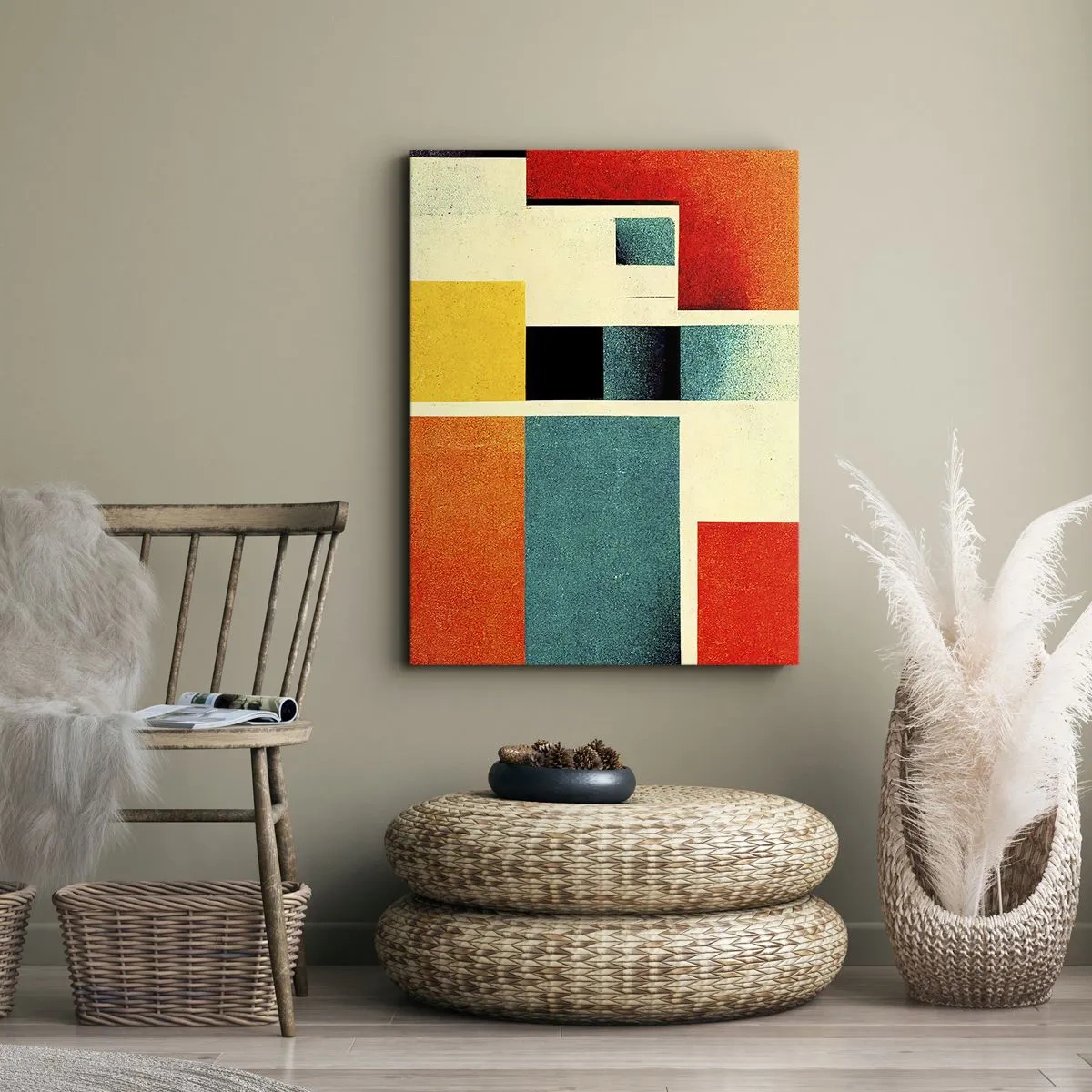 Impression sur toile - Image sur toile - Abstraction géométrique avec des rectangles et des carrés colorés - 50x70cm - Abstraction géométrique – bonne énergie - Décoration murale moderne pour le salon et la chambre ARTTOR