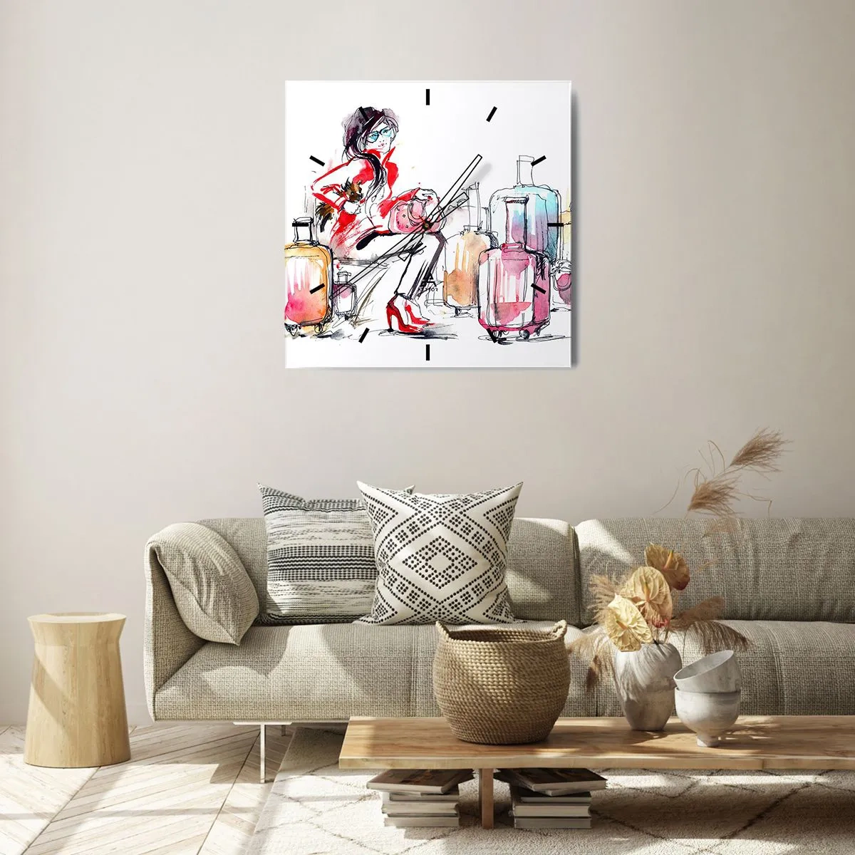 Horloge murale - Pendule murale - Une femme avec des valises dans une illustration aquarelle dynamique - 30x30cm - Asseyons-nous avant le voyage - Décoration murale moderne pour le salon et la chambre ARTTOR