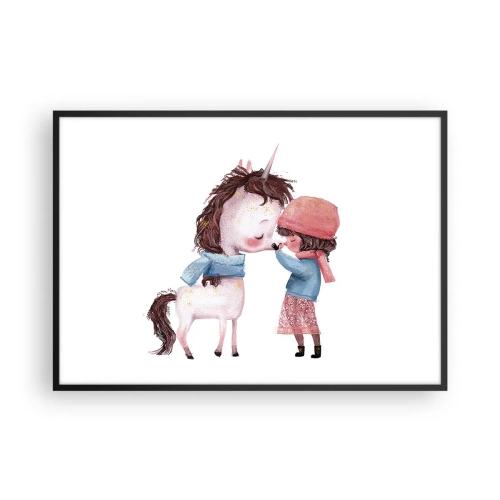 Affiche dans un cadre noir - Poster - Une fille et une licorne dans un paysage hivernal - 100x70cm - Histoire d'hiver - Décoration murale moderne pour le salon et la chambre ARTTOR