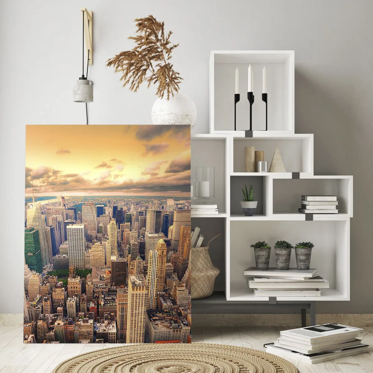 Impression sur verre - Image sur verre - Panorama de la ville avec vue sur les gratte-ciels au coucher du soleil - 80x120cm - Métropole dorée - Décoration murale moderne pour le salon et la chambre ARTTOR