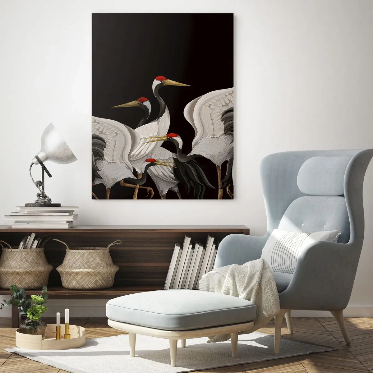Impression sur verre - Image sur verre - Grues blanches à têtes rouges sur fond noir - 50x70cm - Histoire d'oiseaux - Décoration murale moderne pour le salon et la chambre ARTTOR