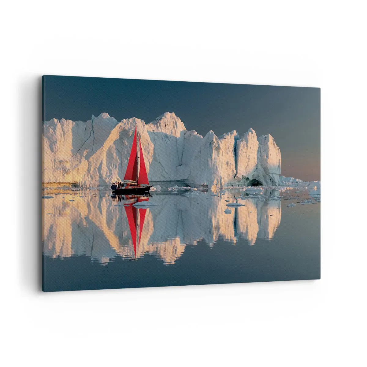 Impression sur toile - Image sur toile - Un voilier avec une voile rouge sur fond de glacier - 120x80cm - Aux limites du monde - Décoration murale moderne pour le salon et la chambre ARTTOR