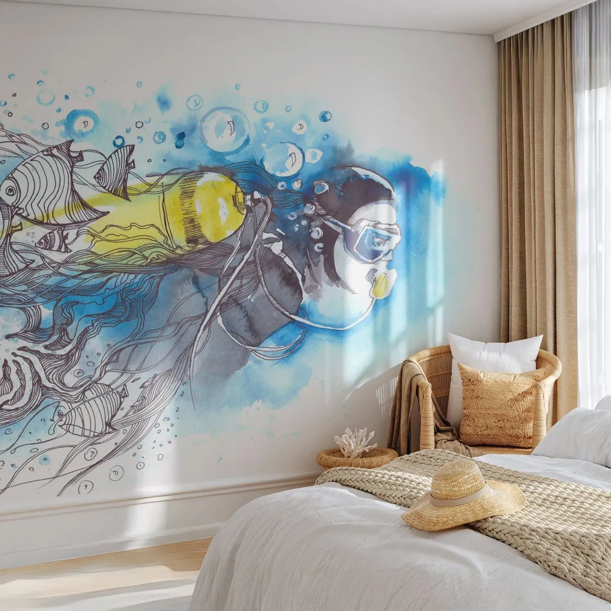 Papier Peint Autocollant Deluxe Sticker - Le grand bleu - Plongée, Poisson, sport - 250x175 cm