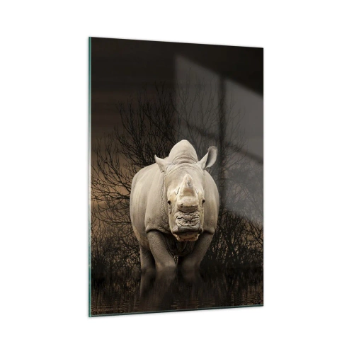 Impression sur verre - Image sur verre - Rhinocéros contre le soleil couchant - 50x70cm - Blanc contre nature - Décoration murale moderne pour le salon et la chambre ARTTOR