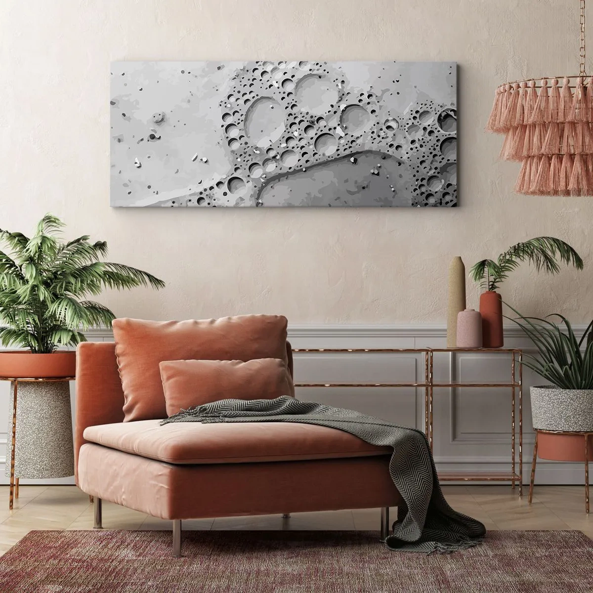 Impression sur toile - Image sur toile - Motif à bulles noir et blanc dans un style minimaliste - 120x50cm - Sentier de mousse - Décoration murale moderne pour le salon et la chambre ARTTOR