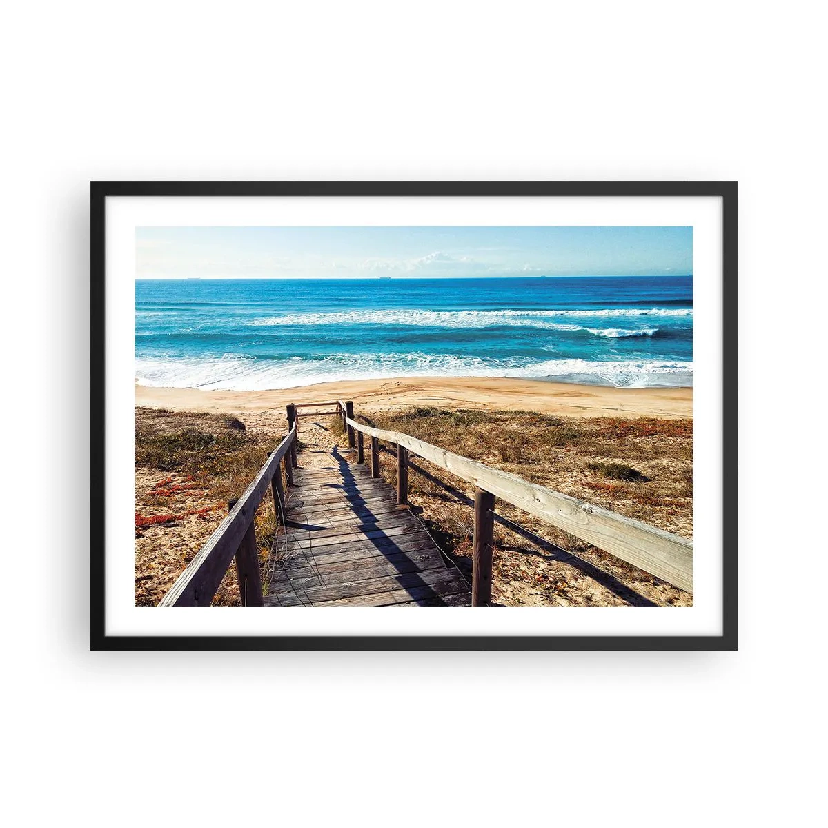 Affiche dans un cadre noir - Poster - Chemin en bois menant à la plage - 70x50cm - Cours! - Décoration murale moderne pour le salon et la chambre ARTTOR