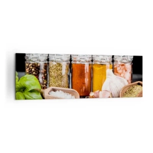Impression sur toile - Image sur toile - Herbes et épices dans des bocaux en verre sur fond sombre - 160x50cm - Pour que la vie ait du goût - Décoration murale moderne pour le salon et la chambre ARTTOR