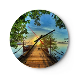 Horloge murale - Pendule murale - Une jetée au bord du lac au coucher du soleil entourée de verdure - 30x30cm - L'ouest au-dessus de l'eau - Décoration murale moderne pour le salon, la cuisine et la chambre ARTTOR
