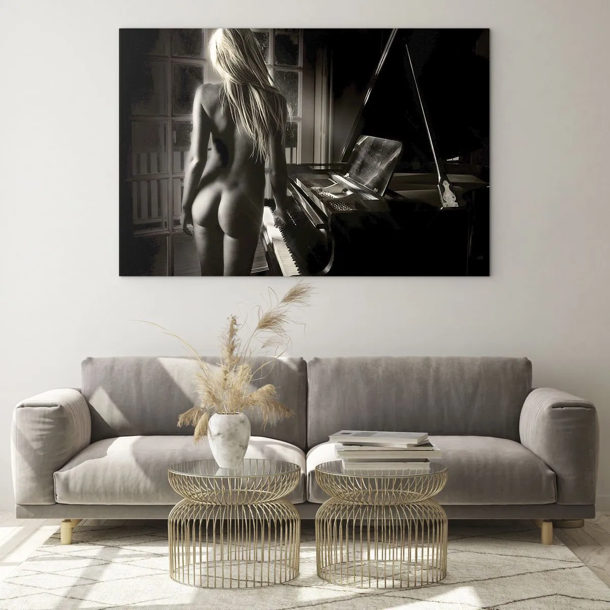 Impression sur verre - Image sur verre - Une femme au piano sous un éclairage sépia - 120x80cm - Harmonie parfaite du soir - Décoration murale moderne pour le salon et la chambre ARTTOR