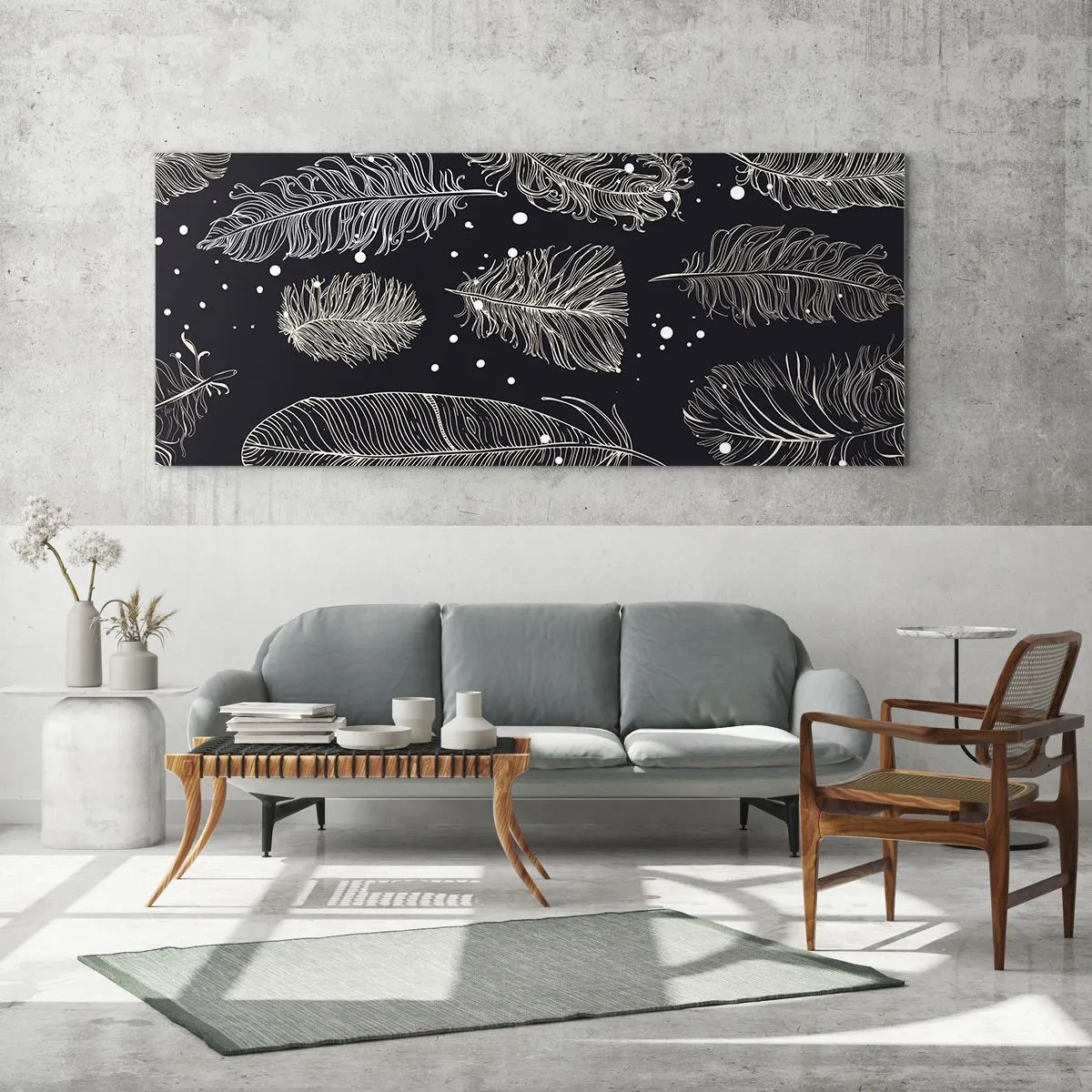 Impression sur verre - Image sur verre - Plumes blanches délicates sur fond bleu marine - 120x50cm - Toile de plumes - Décoration murale moderne pour le salon et la chambre ARTTOR
