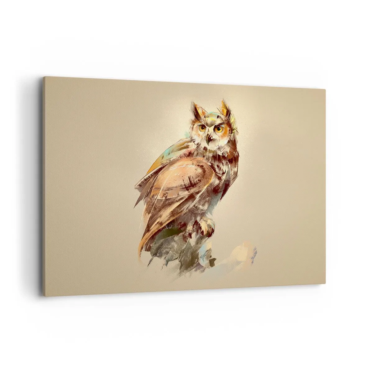 Impression sur toile - Image sur toile - Portrait artistique d'un hibou sur un fond clair dans des tons chauds. - 120x80cm - Le hibou le plus intelligent - confirmera la forêt de chênes - Décoration murale moderne pour le salon et la chambre ARTTOR