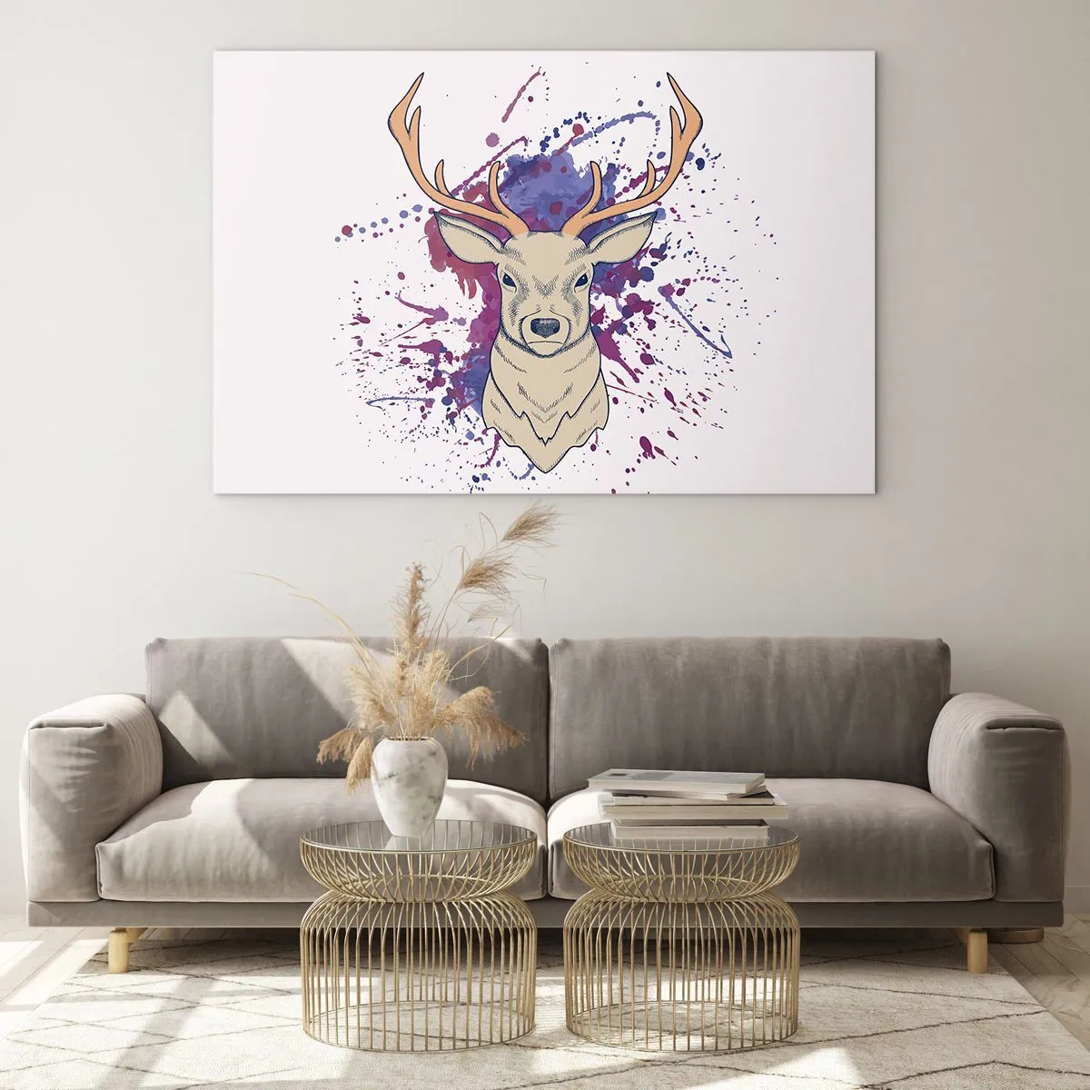Impression sur verre - Image sur verre - Illustration d'un cerf avec un fond coloré et abstrait - 70x50cm - Courage et équilibre - Décoration murale moderne pour le salon et la chambre ARTTOR