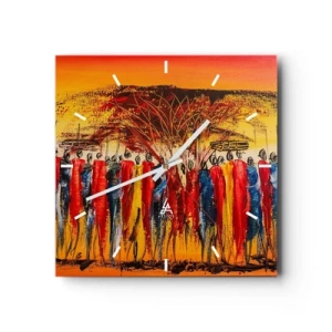 Horloge murale - Pendule murale - Une scène colorée avec des personnages africains sur fond de soleil couchant. - 30x30cm - Là-bas, là-bas, ils vont là-bas - Décoration murale moderne pour le salon et la chambre ARTTOR