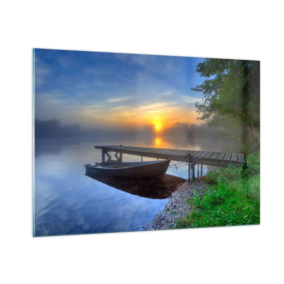 Impression sur verre - Image sur verre - Un bateau à quai au lever du soleil sur le lac - 100x70cm - Comment l'ordinaire se transforme en magie - Décoration murale moderne pour le salon et la chambre ARTTOR