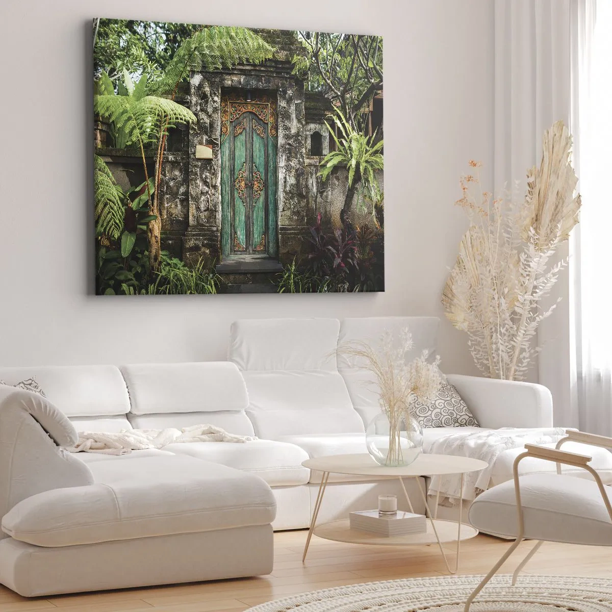 Impression sur toile - Image sur toile - Portes décoratives entourées de végétation tropicale - 70x50cm - Porte vers un monde exotique - Décoration murale moderne pour le salon et la chambre ARTTOR