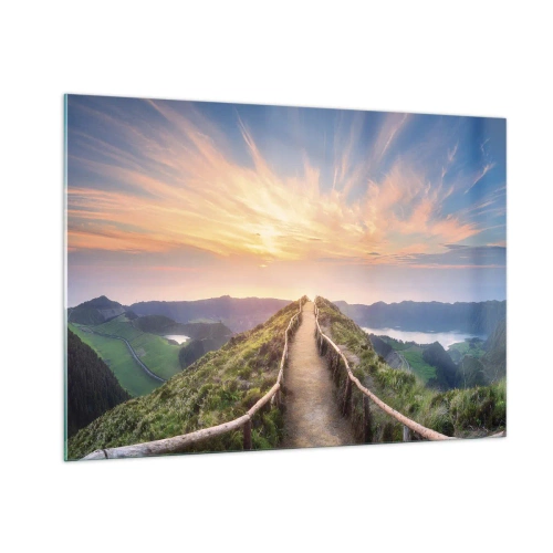 Impression sur verre - Image sur verre - Sentier au sommet d'une colline avec vue sur le coucher du soleil - 100x70cm - Proche du ciel - Décoration murale moderne pour le salon et la chambre ARTTOR