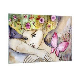 Impression sur verre - Image sur verre - Portrait d'une femme avec une coiffure colorée et un papillon à l'aquarelle - 120x80cm - La princesse papillon - Décoration murale moderne pour le salon et la chambre ARTTOR
