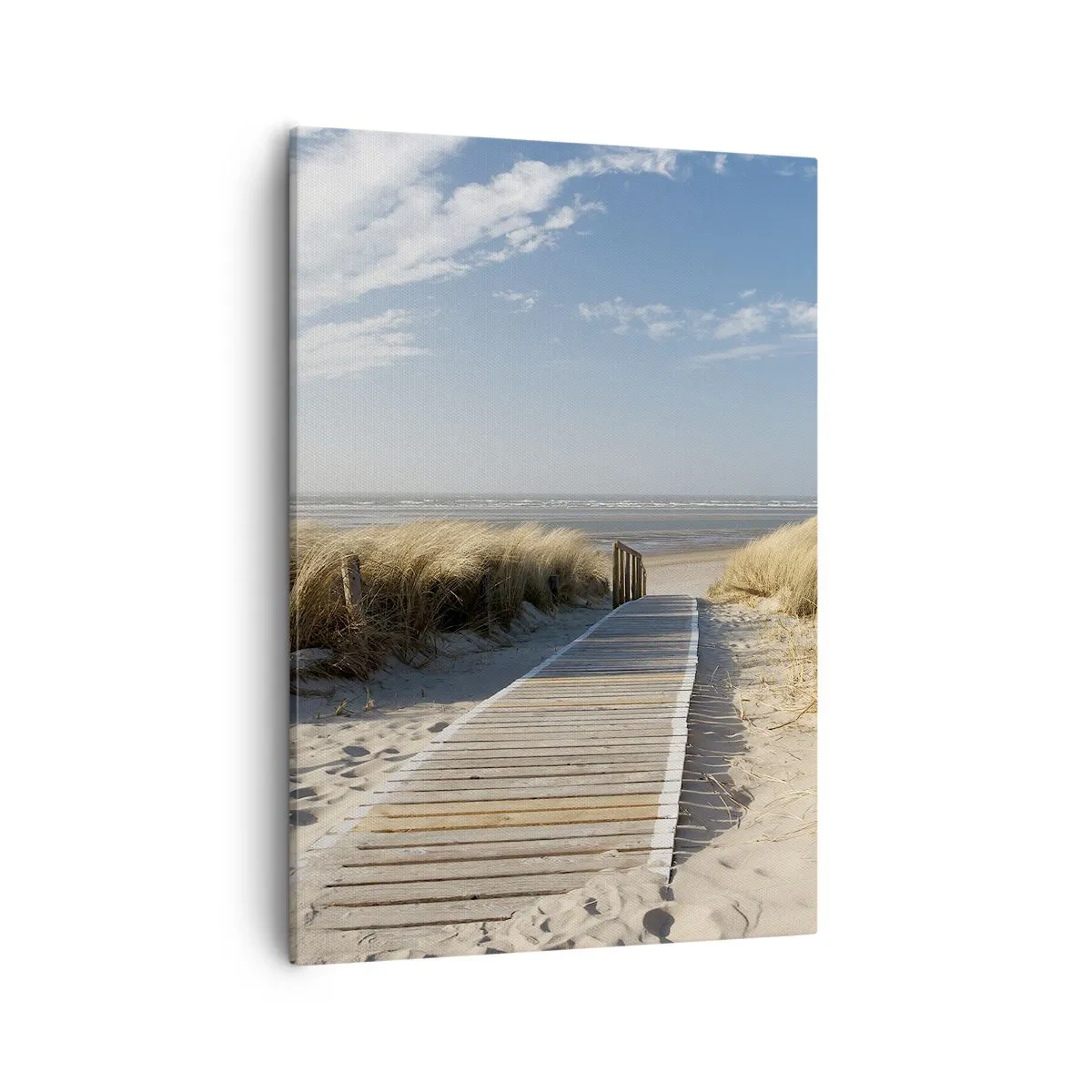 Impression sur toile - Image sur toile - Un chemin en bois mène à travers les dunes jusqu'à la mer calme - 50x70cm - Derrière la dune, dans le bruissement de l'herbe - Décoration murale moderne pour le salon et la chambre ARTTOR