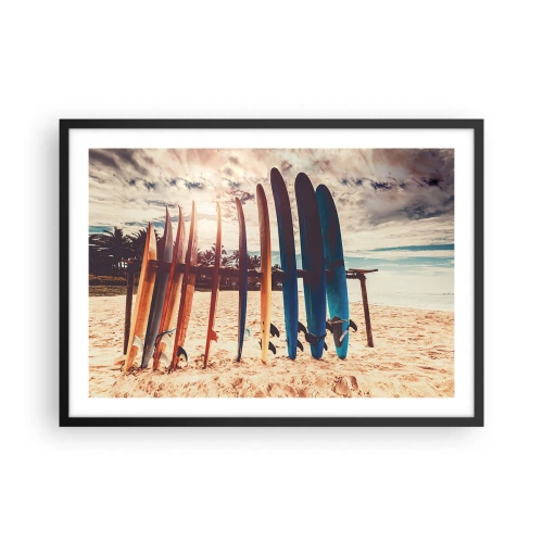 Affiche dans un cadre noir - Poster - Planches de surf sur la plage au coucher du soleil - 70x50cm - Bonne nuit, à demain - Décoration murale moderne pour le salon et la chambre ARTTOR