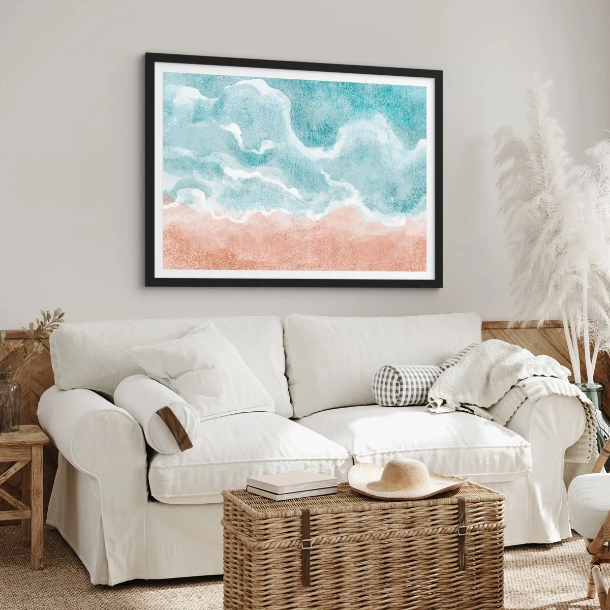 Affiche dans un cadre noir - Poster - Plage abstraite avec des vagues dans les tons bleus et beiges - 70x50cm - Abstraction du nuage - Décoration murale moderne pour le salon et la chambre ARTTOR