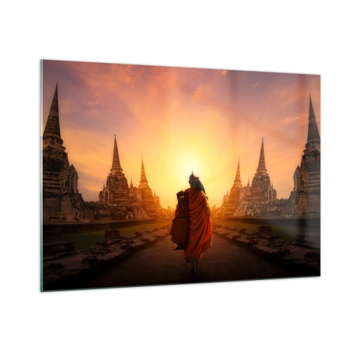 Impression sur verre - Image sur verre - Un moine sur fond de soleil couchant et de temples en Asie - 100x70cm - En paix pour l'éternité - Décoration murale moderne pour le salon et la chambre ARTTOR