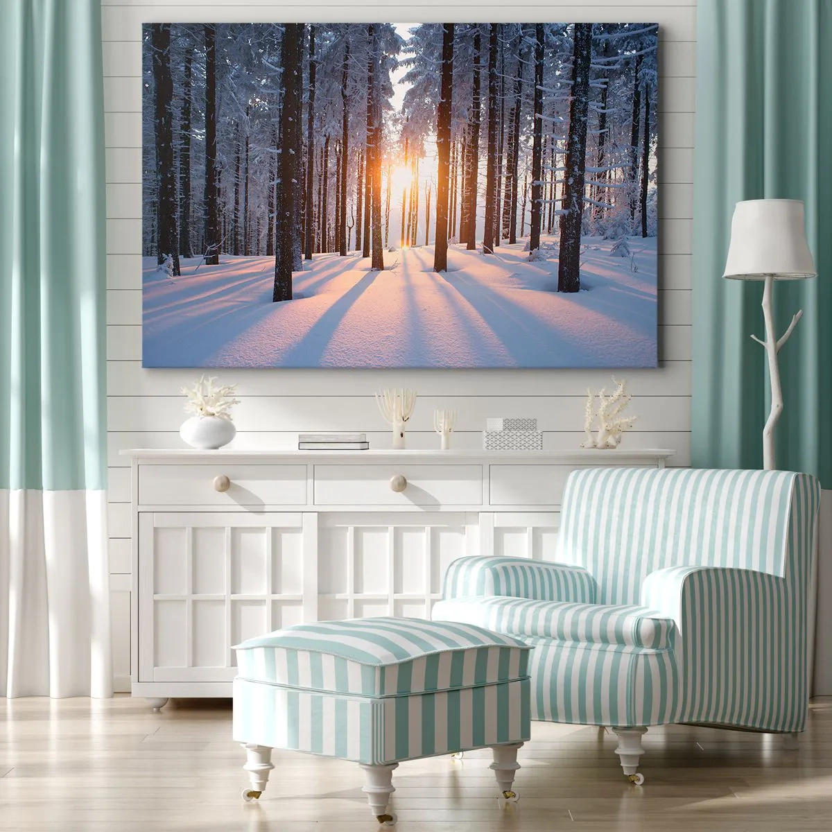 Impression sur toile - Image sur toile - Forêt d'hiver illuminée par les rayons du soleil - 70x50cm - Clairement en noir et blanc - Décoration murale moderne pour le salon et la chambre ARTTOR