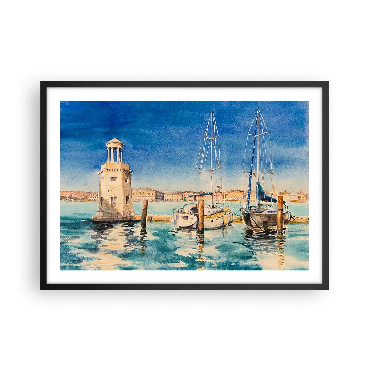 Affiche dans un cadre noir - Poster - Marina avec bateaux sur fond de lagon bleu - 70x50cm - Lagune ensoleillée - Décoration murale moderne pour le salon et la chambre ARTTOR