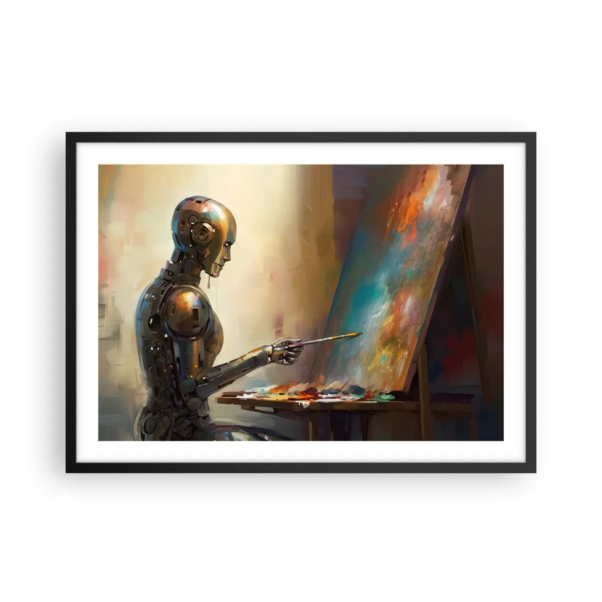 Affiche dans un cadre noir - Poster - Un robot peignant sur une toile dans un style artistique - 70x50cm - L'art du futur - Décoration murale moderne pour le salon et la chambre ARTTOR