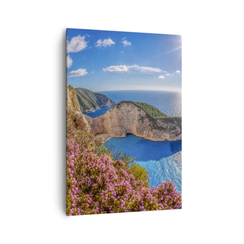 Impression sur toile - Image sur toile - Une falaise fleurie, une mer turquoise et un paysage grec ensoleillé - 70x100cm - Mes super vacances grecques - Décoration murale moderne pour le salon et la chambre ARTTOR