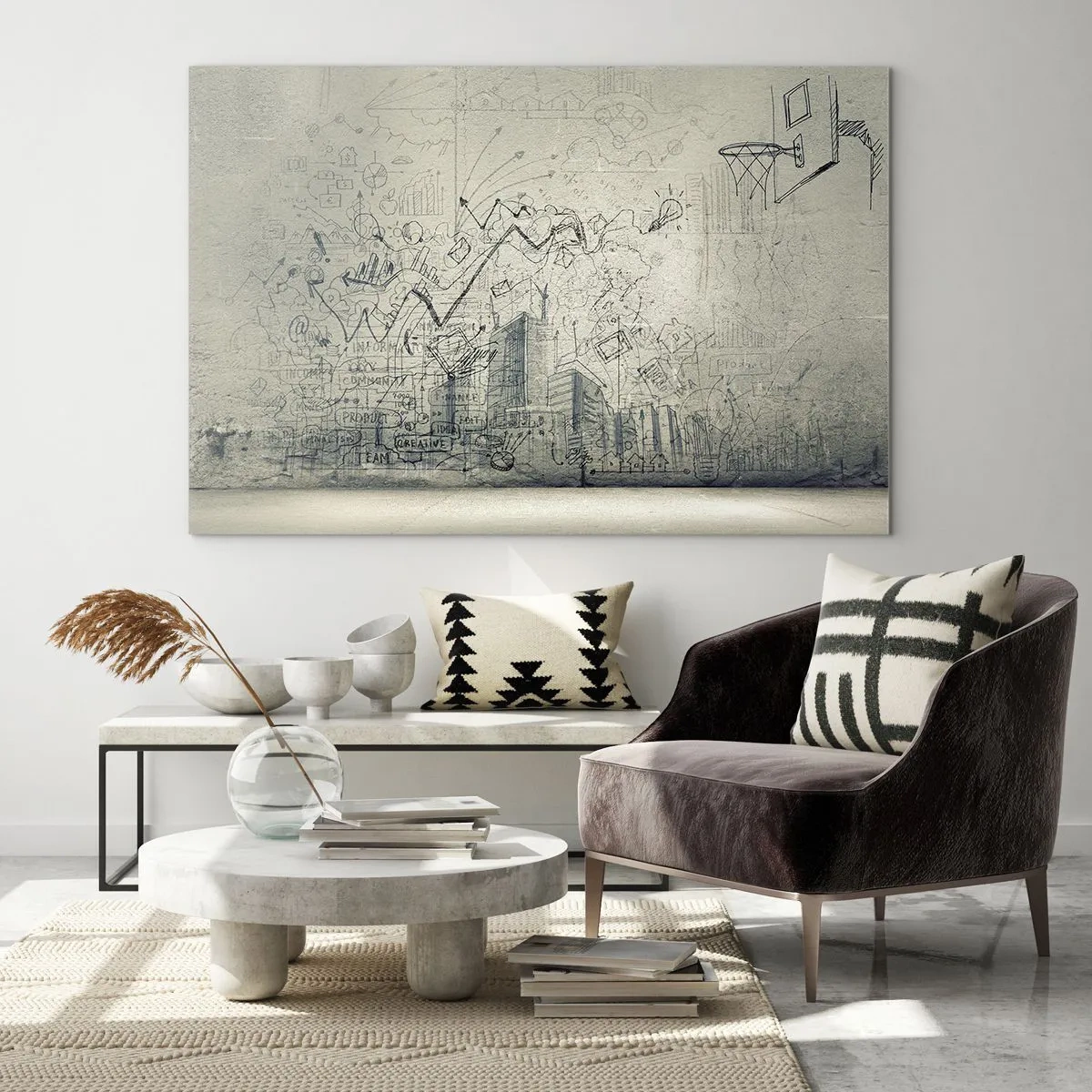Impression sur verre - Image sur verre - Croquis graphique avec des éléments commerciaux et créatifs - 70x50cm - Ma vie fantastique en ville - Décoration murale moderne pour le salon et la chambre ARTTOR