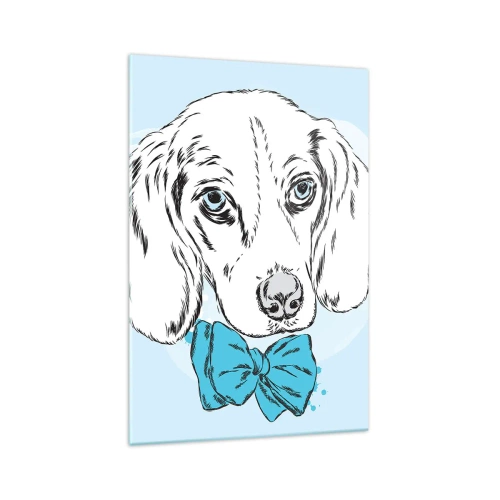 Impression sur verre - Image sur verre - Adorable graphique d'un chien avec un nœud papillon sur un fond pastel - 70x100cm - L'élégance du chien - Décoration murale moderne pour le salon et la chambre ARTTOR