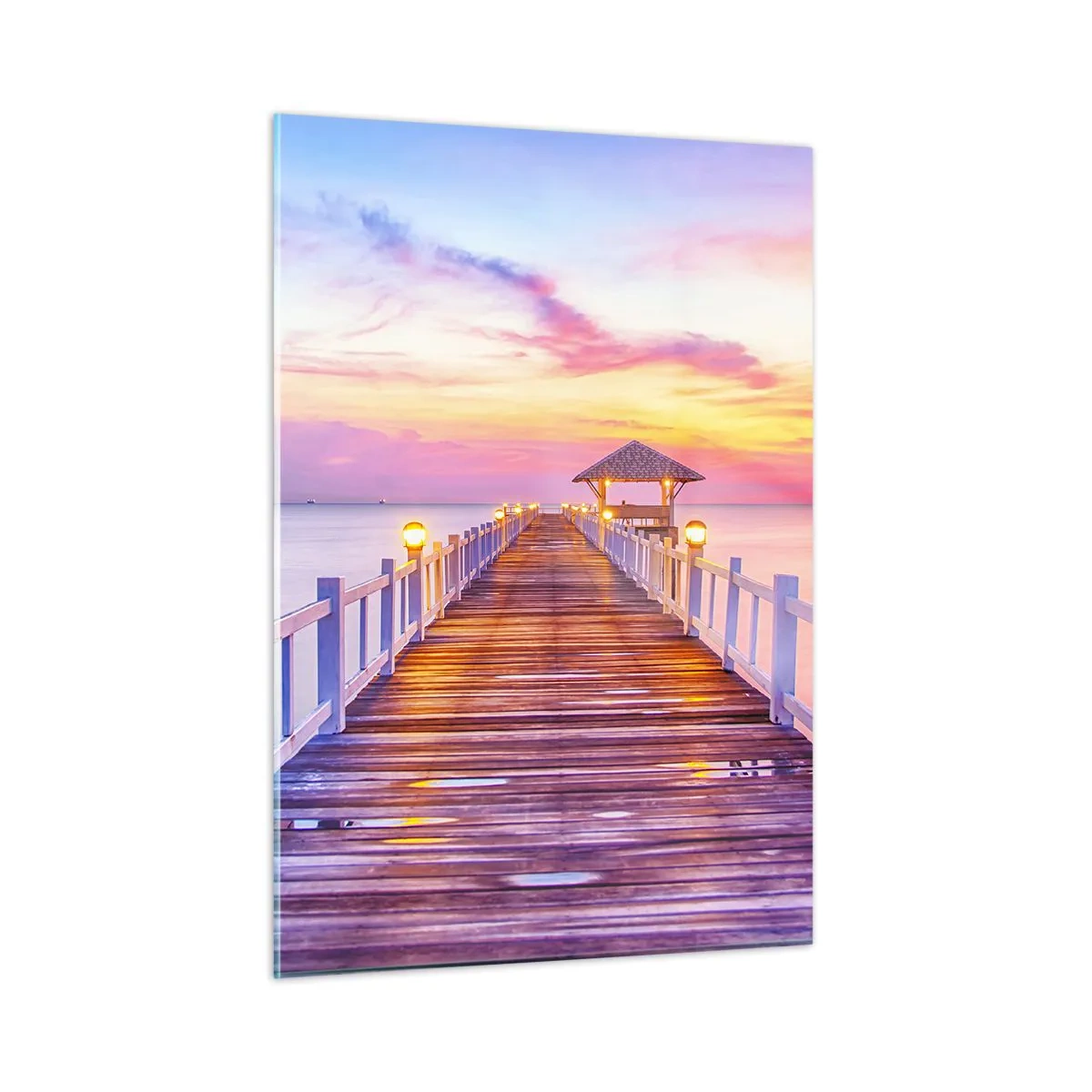 Impression sur verre - Image sur verre - Jetée en bois au coucher du soleil sur une mer calme - 50x70cm - Le silence lilas-doré du soir - Décoration murale moderne pour le salon et la chambre ARTTOR