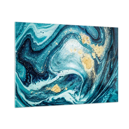 Impression sur verre - Image sur verre - Tourbillons abstraits dans des tons turquoise et or - 100x70cm - Vortex bleu - Décoration murale moderne pour le salon et la chambre ARTTOR